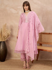 Pink Cotton Blend Embroideried A-Line Kurta Trouser With Dupatta