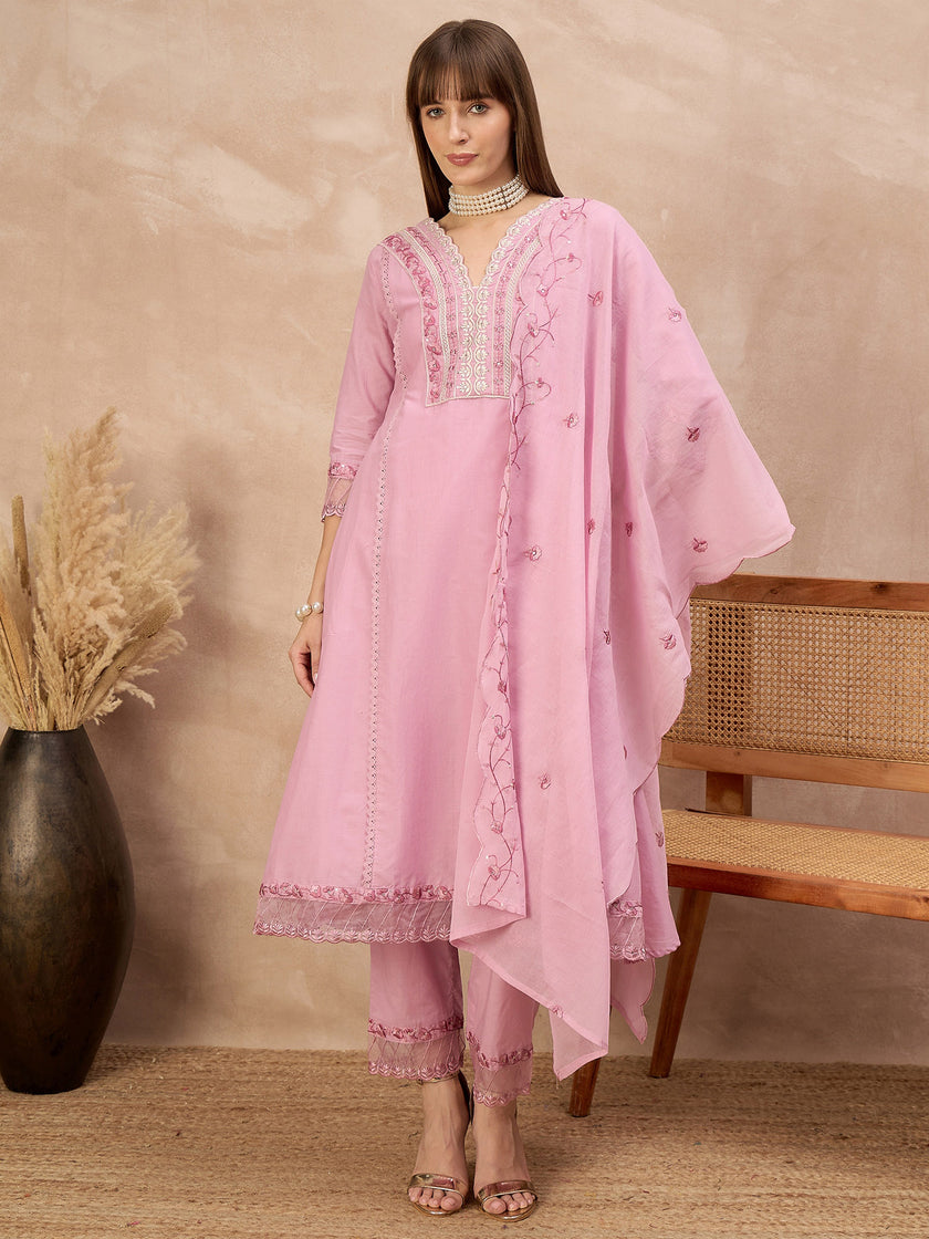 Pink Cotton Blend Embroideried A-Line Kurta Trouser With Dupatta