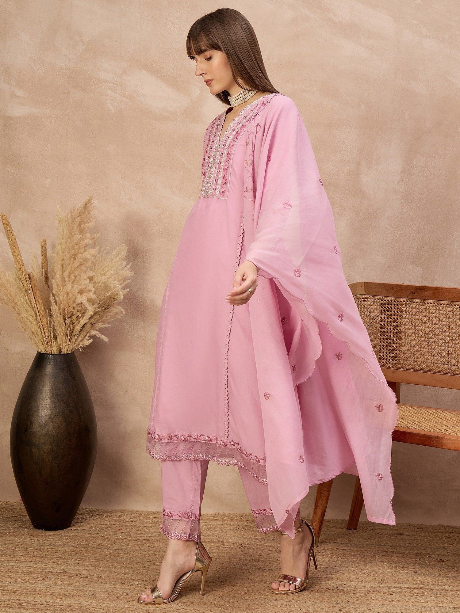 Pink Cotton Blend Embroideried A-Line Kurta Trouser With Dupatta