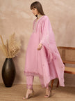 Pink Cotton Blend Embroideried A-Line Kurta Trouser With Dupatta