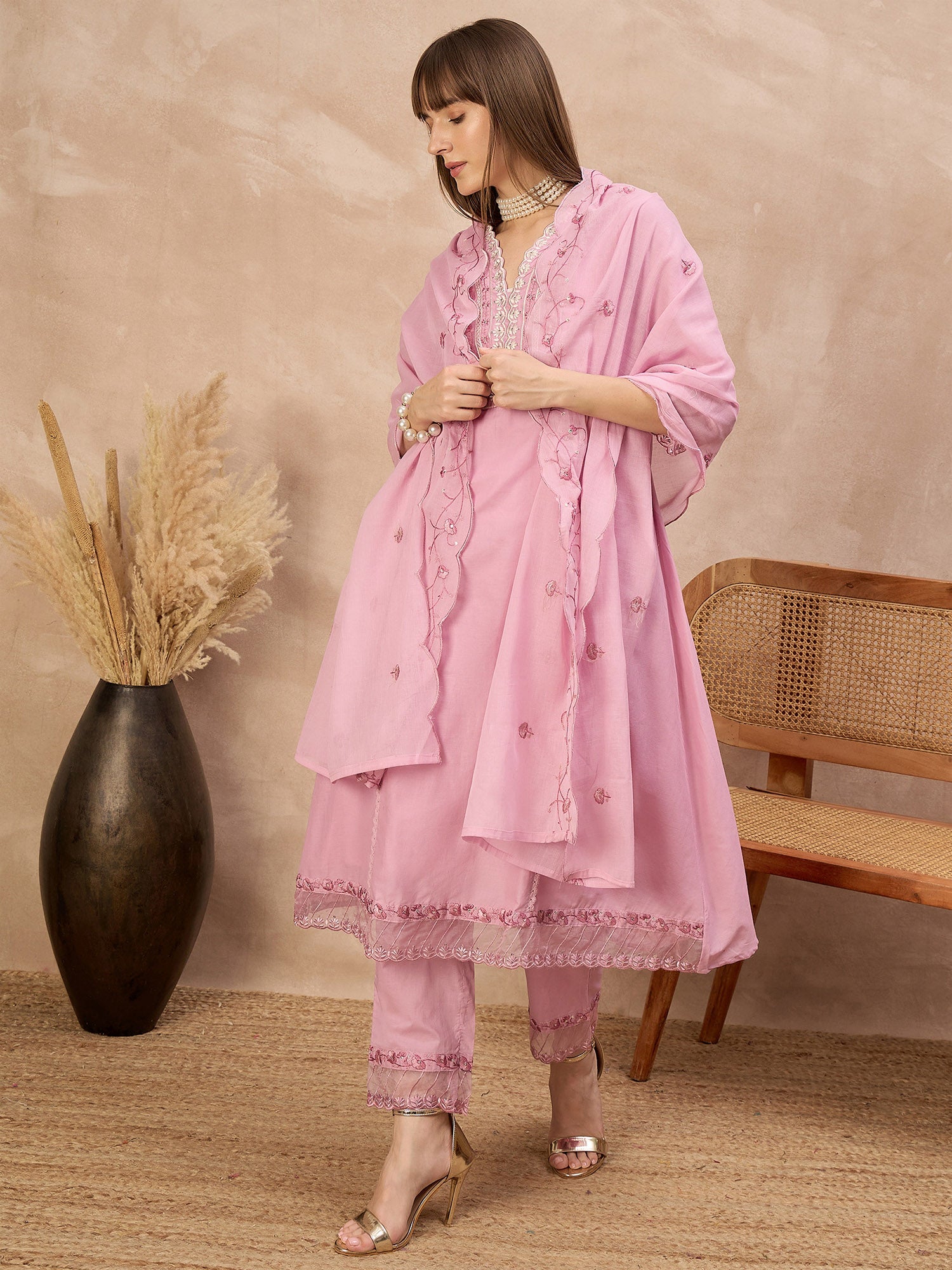 Pink Cotton Blend Embroideried A-Line Kurta Trouser With Dupatta