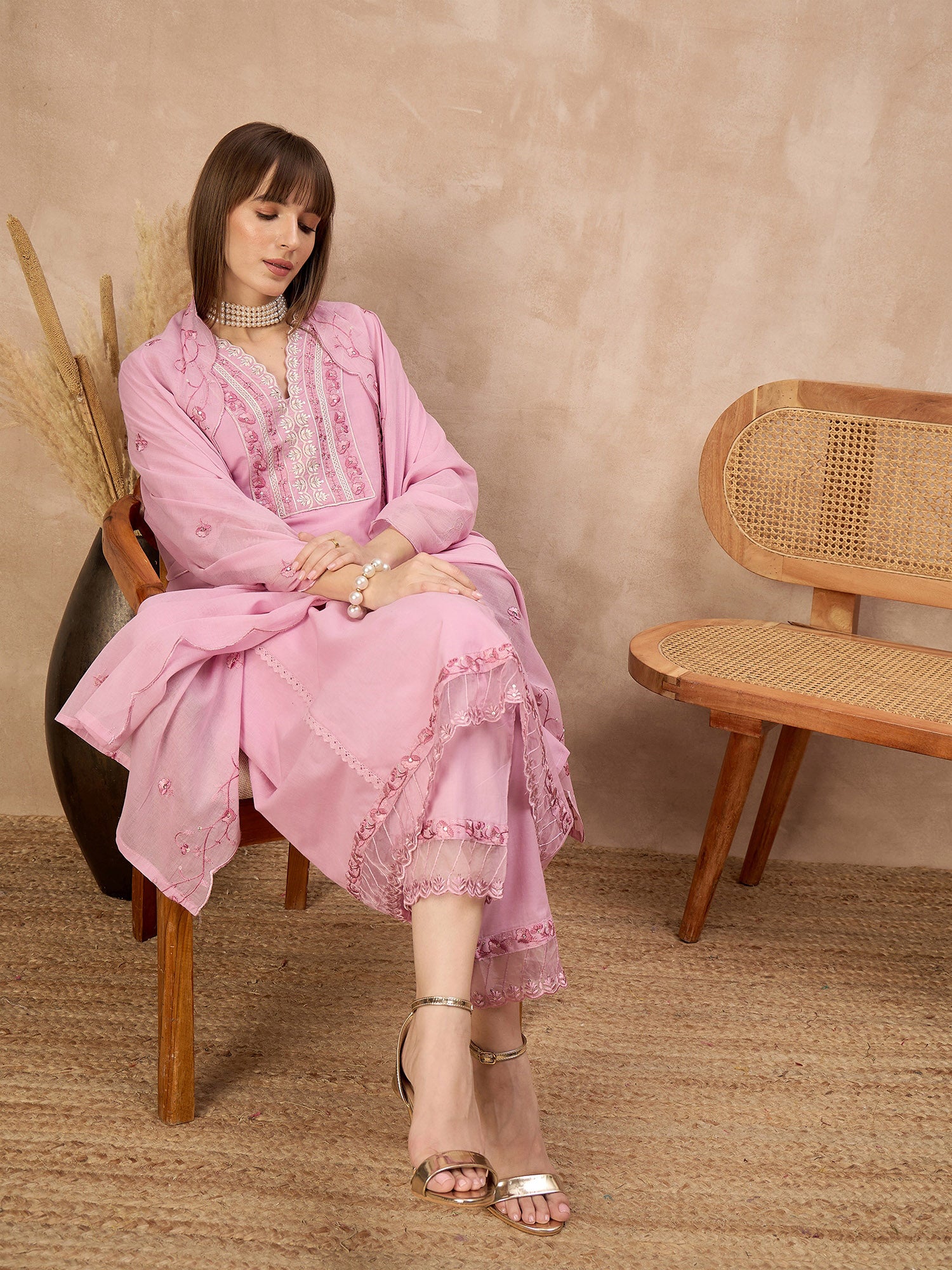 Pink Cotton Blend Embroideried A-Line Kurta Trouser With Dupatta