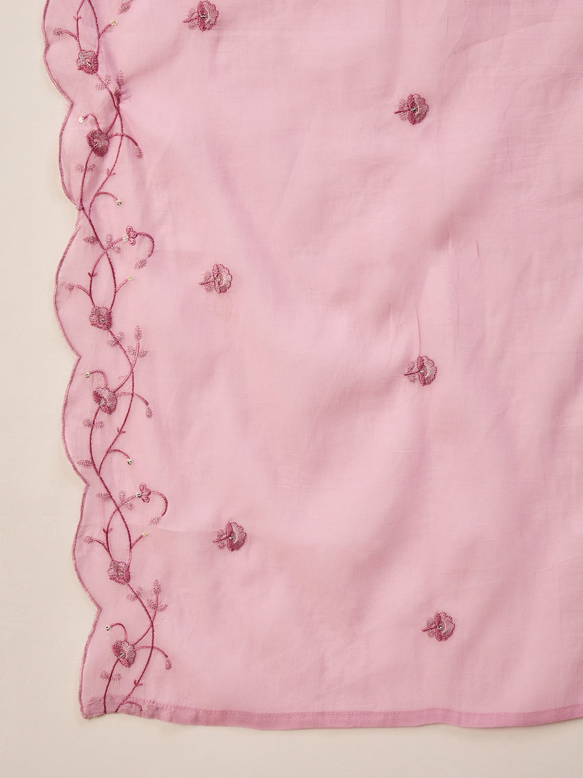 Pink Cotton Blend Embroideried A-Line Kurta Trouser With Dupatta