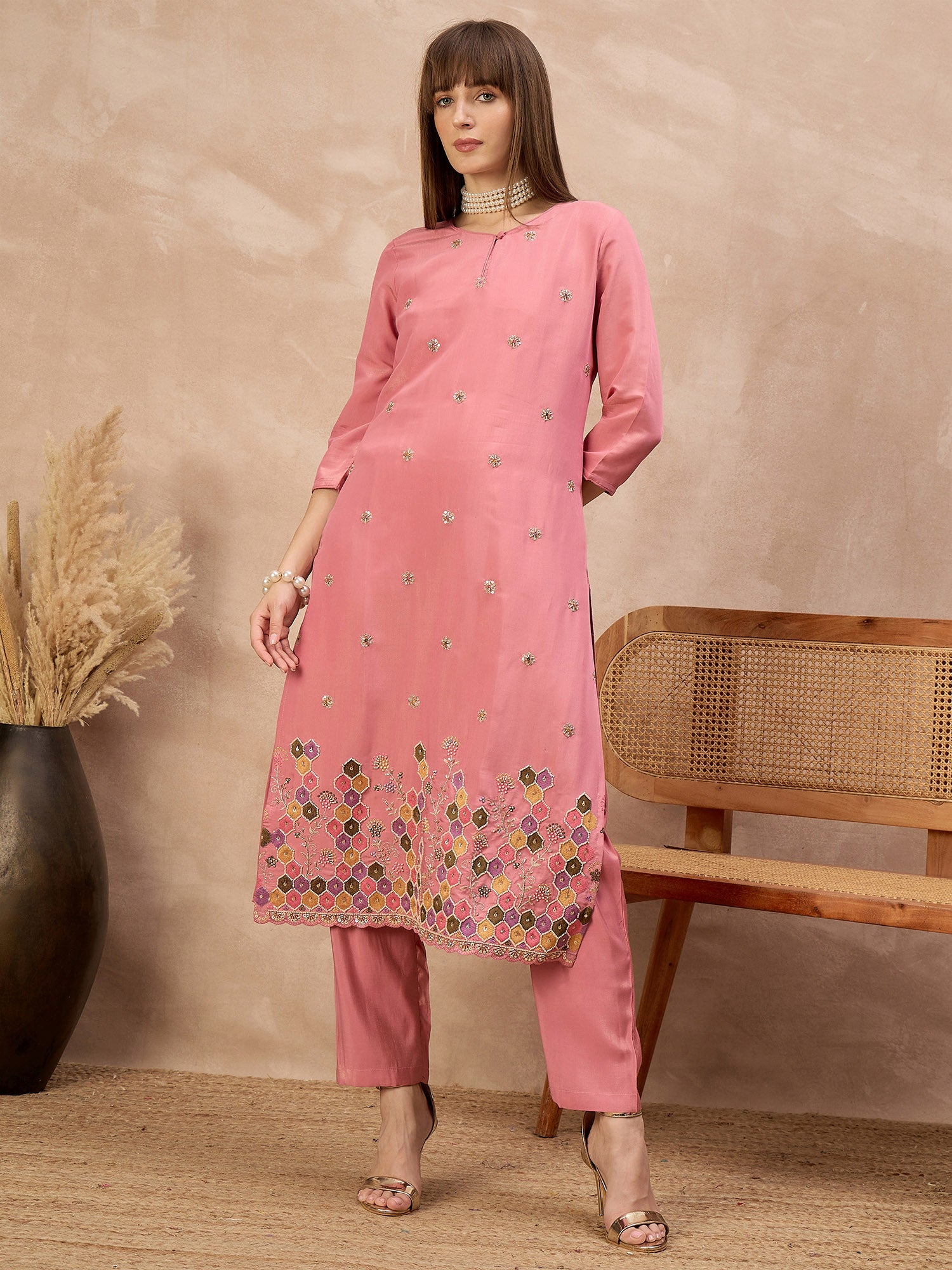 Pink Silk Blend Embroideried A-Line Kurta Trouser With Dupatta