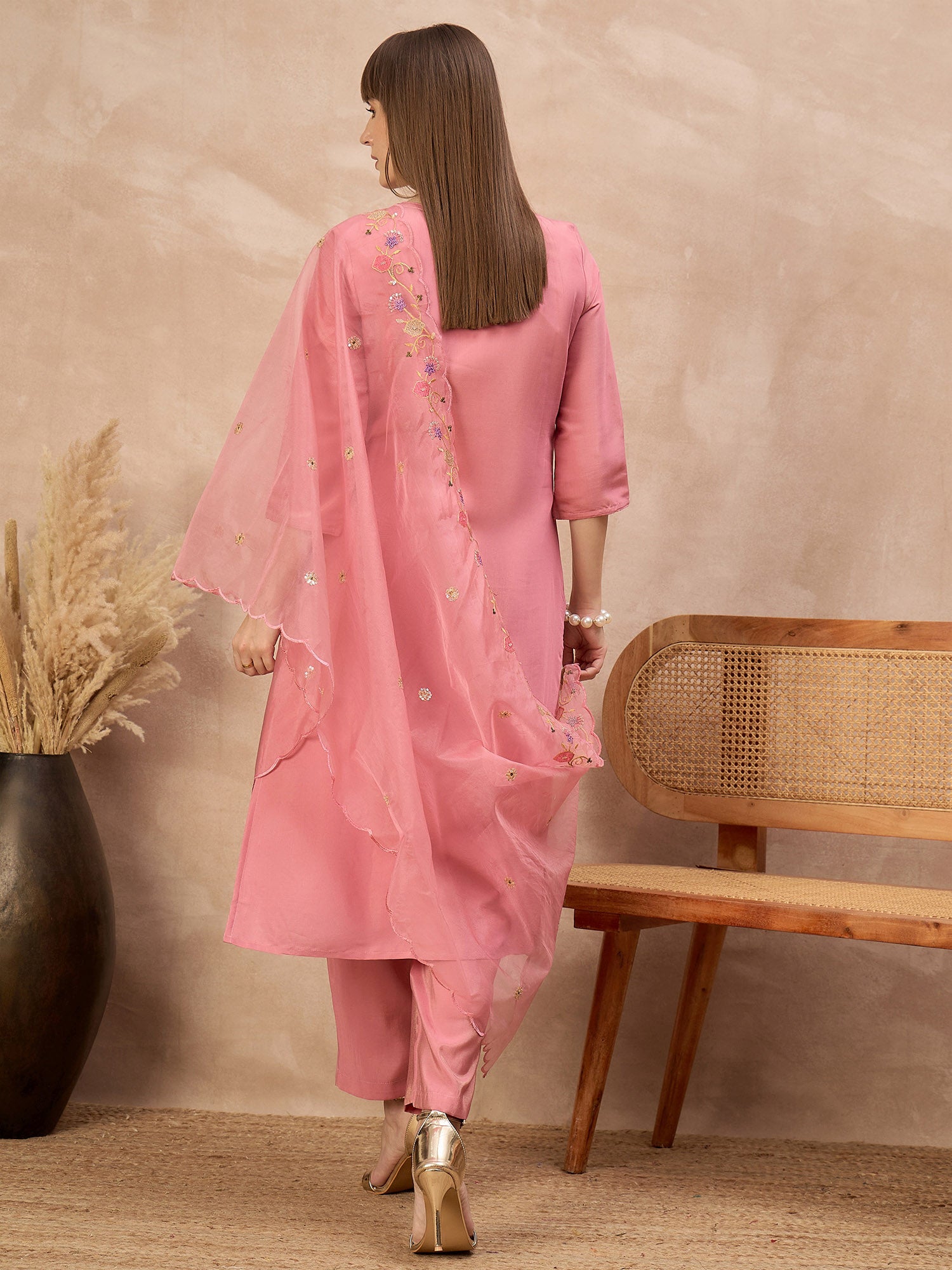Pink Silk Blend Embroideried A-Line Kurta Trouser With Dupatta