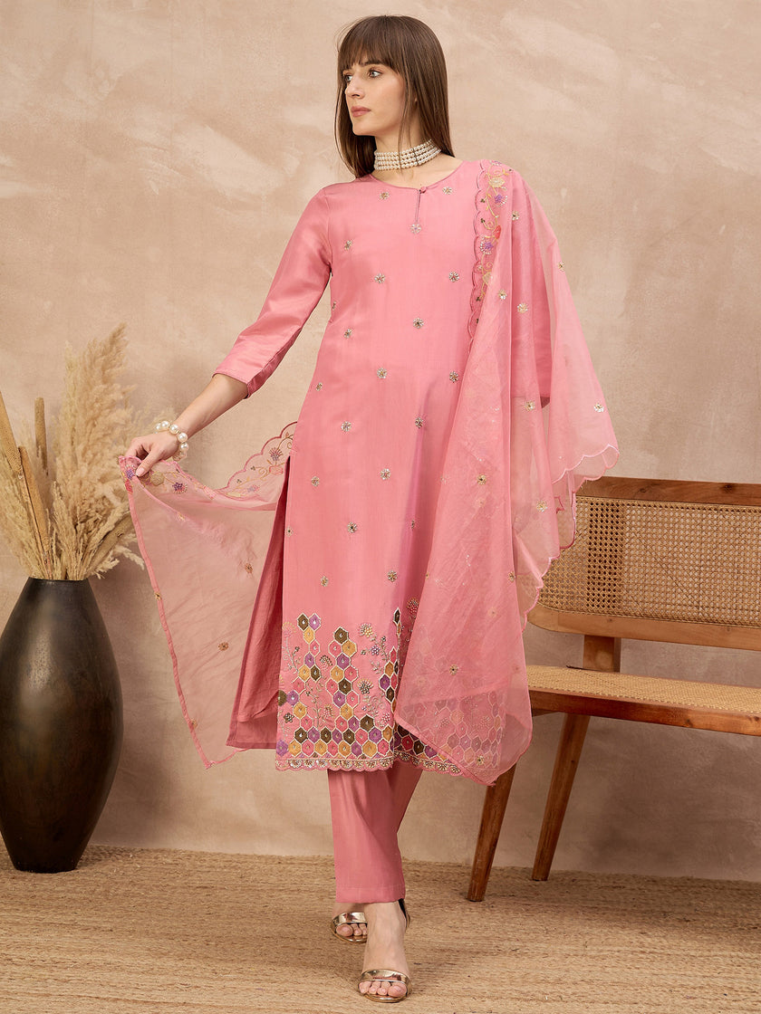 Pink Silk Blend Embroideried A-Line Kurta Trouser With Dupatta