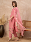 Pink Silk Blend Embroideried A-Line Kurta Trouser With Dupatta