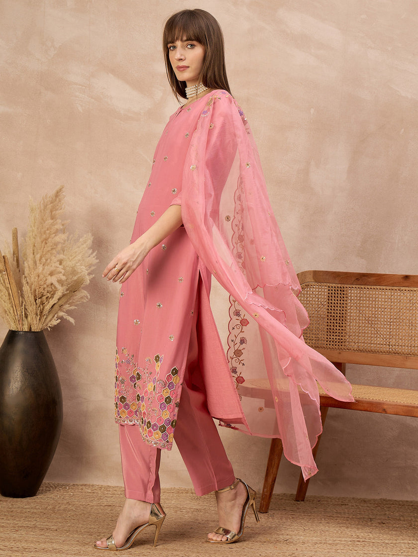 Pink Silk Blend Embroideried A-Line Kurta Trouser With Dupatta