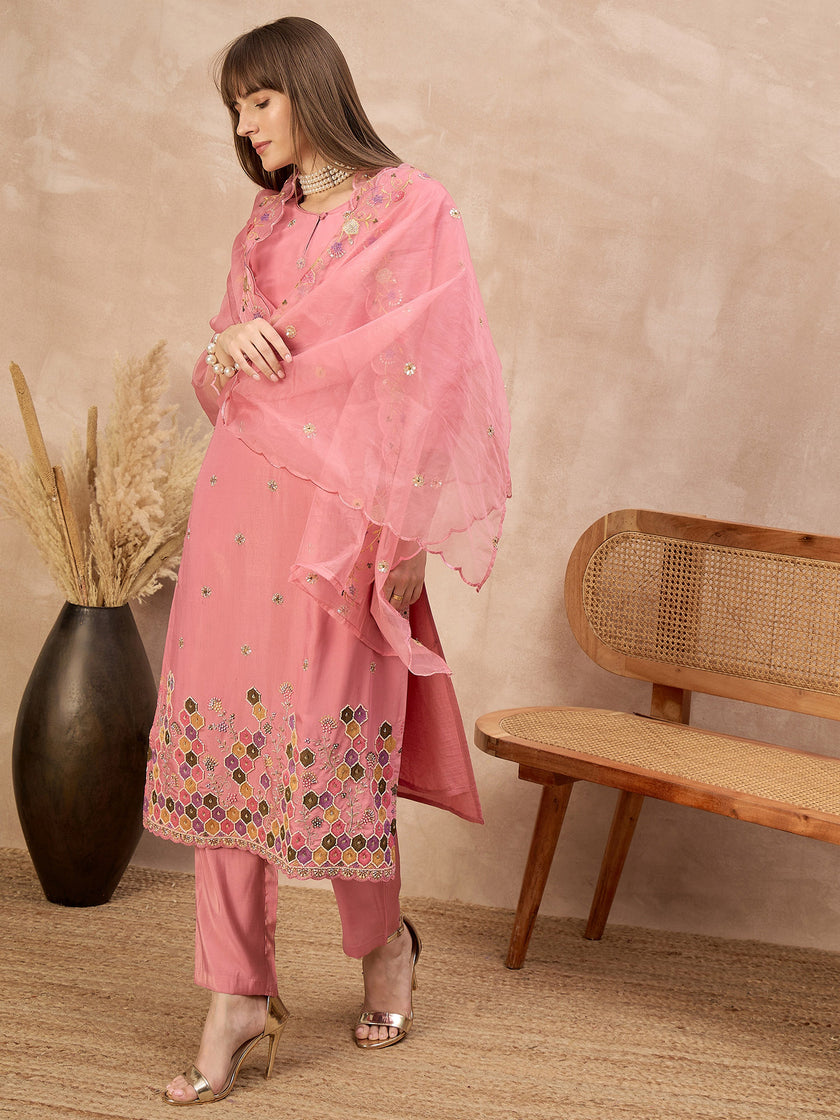 Pink Silk Blend Embroideried A-Line Kurta Trouser With Dupatta