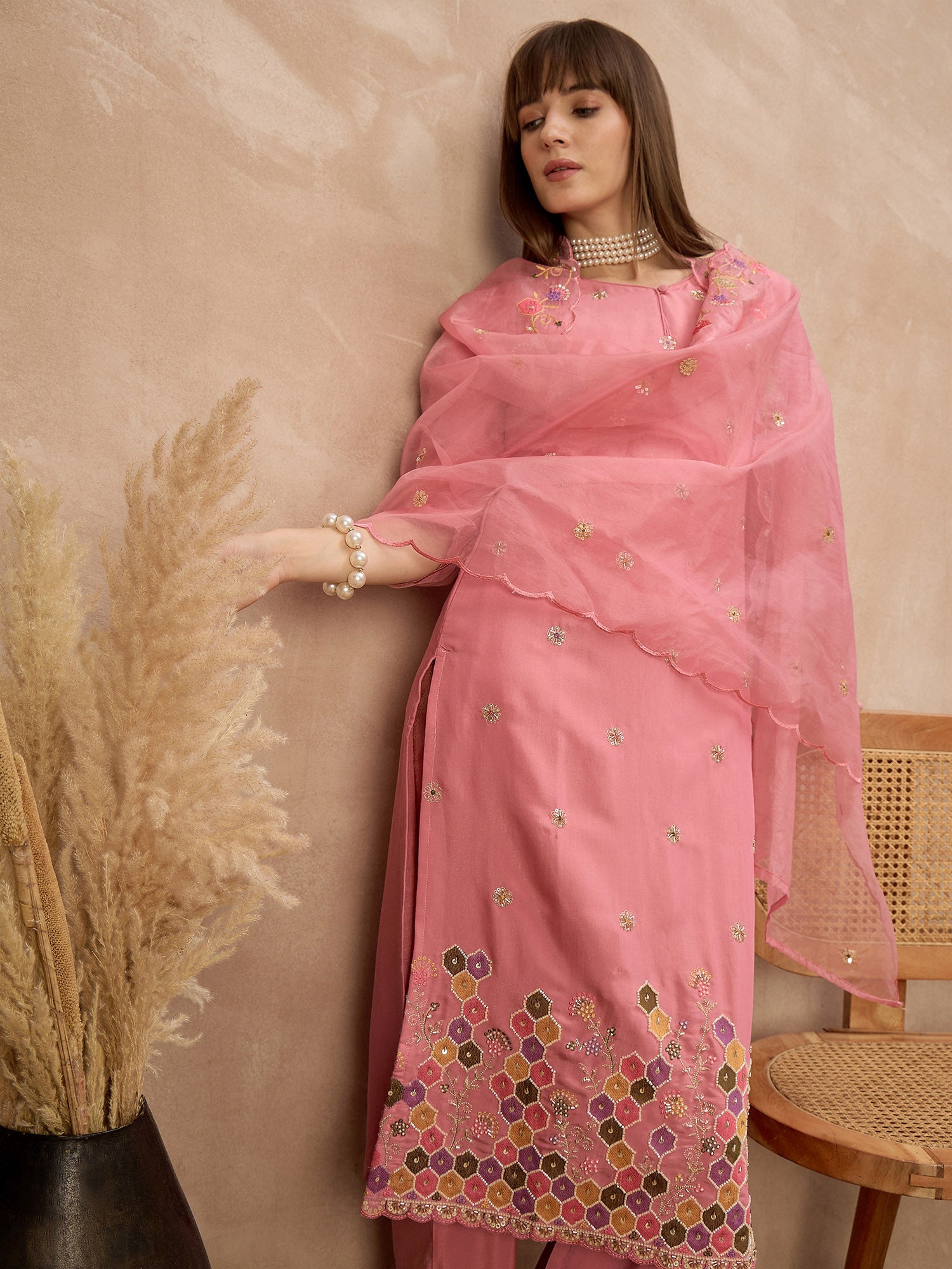 Pink Silk Blend Embroideried A-Line Kurta Trouser With Dupatta