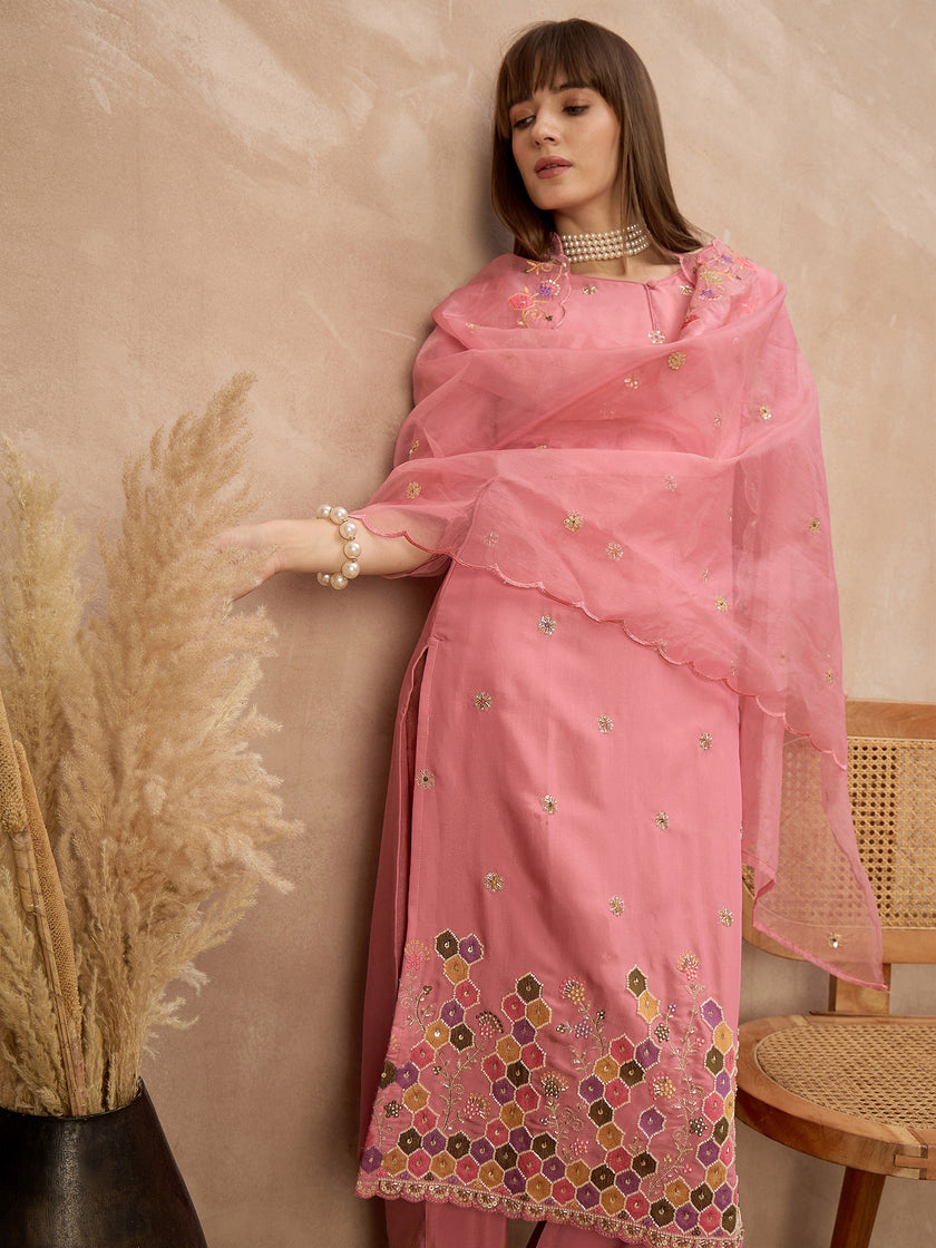 Pink Silk Blend Embroideried A-Line Kurta Trouser With Dupatta