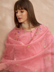 Pink Silk Blend Embroideried A-Line Kurta Trouser With Dupatta