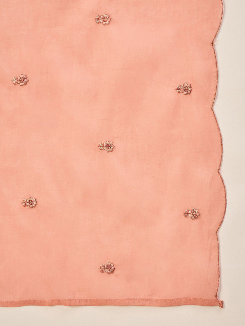 Peach Silk Blend Embroideried A-Line Kurta Trouser With Dupatta