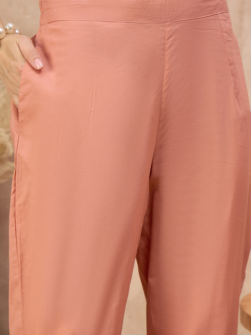 Peach Silk Blend Embroideried A-Line Kurta Trouser With Dupatta