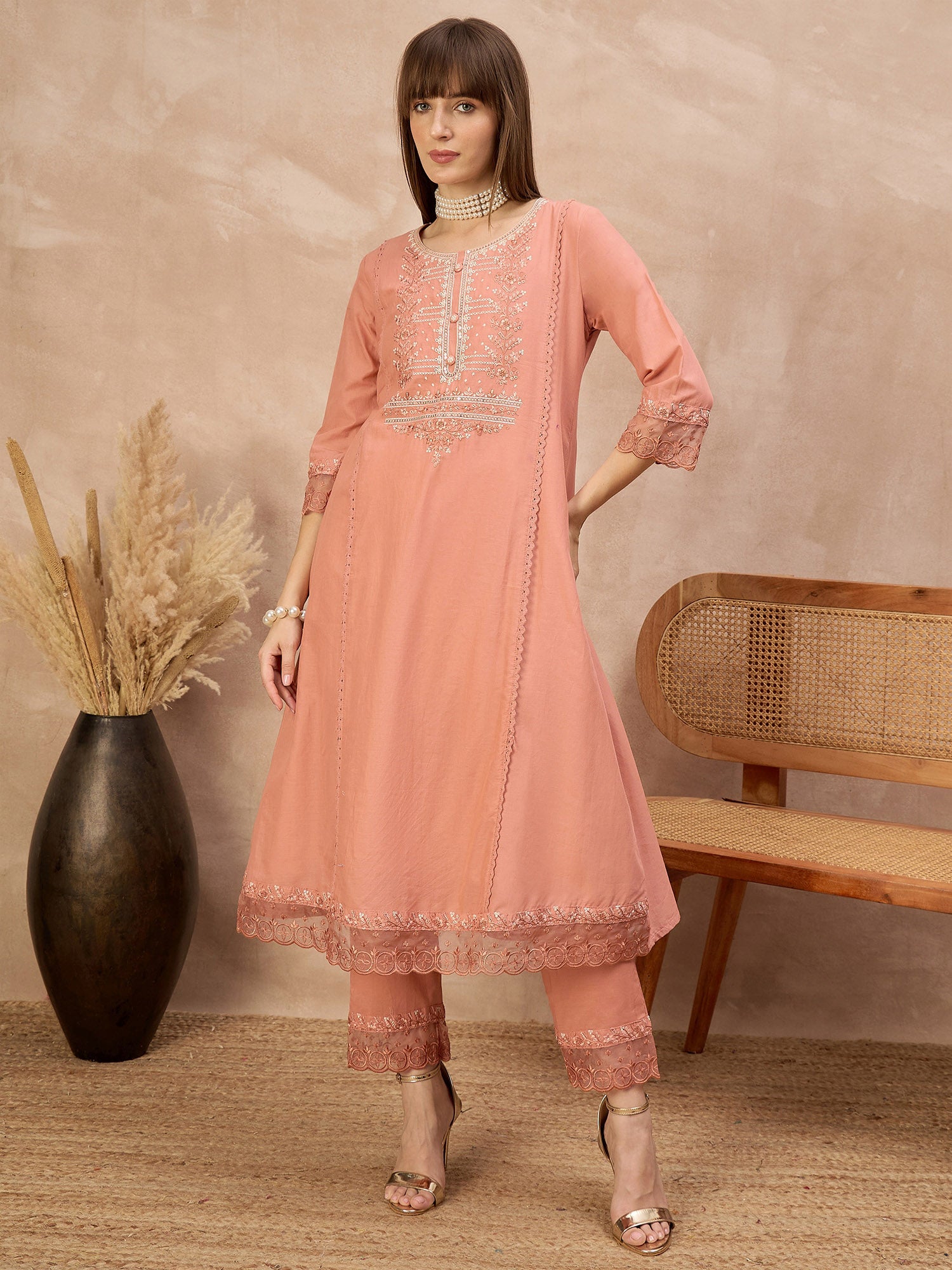 Peach Silk Blend Embroideried A-Line Kurta Trouser With Dupatta
