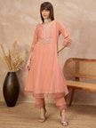 Peach Silk Blend Embroideried A-Line Kurta Trouser With Dupatta