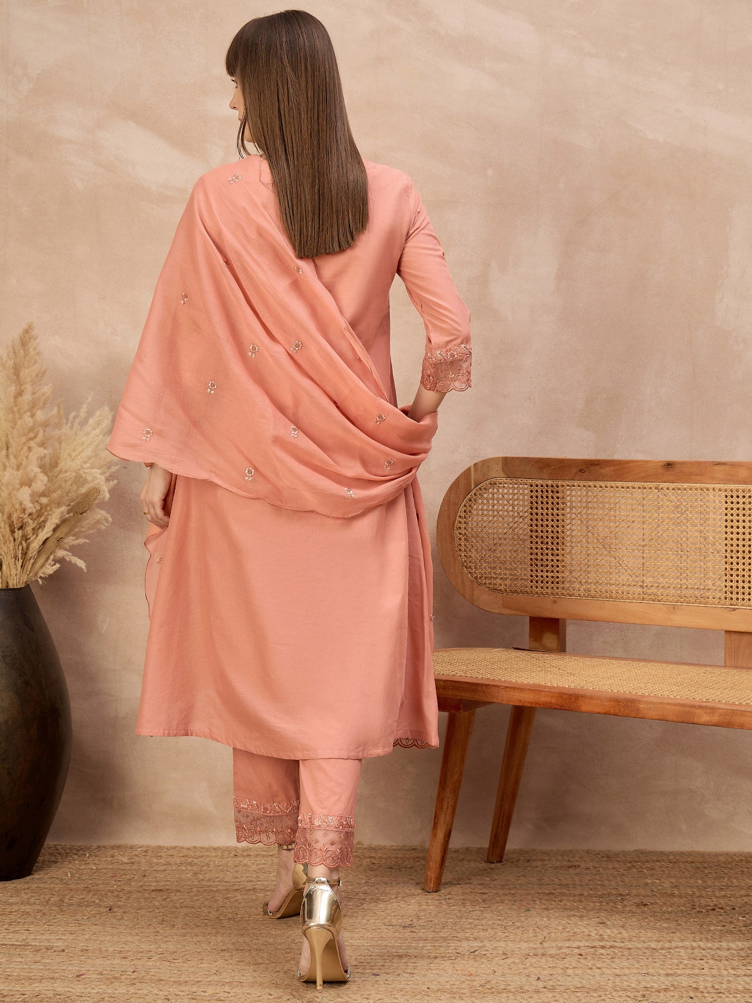 Peach Silk Blend Embroideried A-Line Kurta Trouser With Dupatta