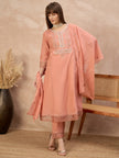 Peach Silk Blend Embroideried A-Line Kurta Trouser With Dupatta