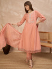 Peach Silk Blend Embroideried A-Line Kurta Trouser With Dupatta