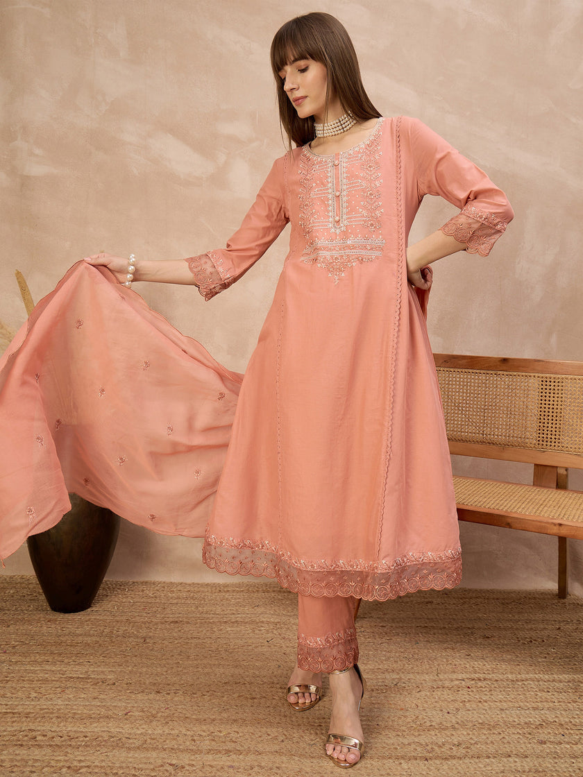 Peach Silk Blend Embroideried A-Line Kurta Trouser With Dupatta
