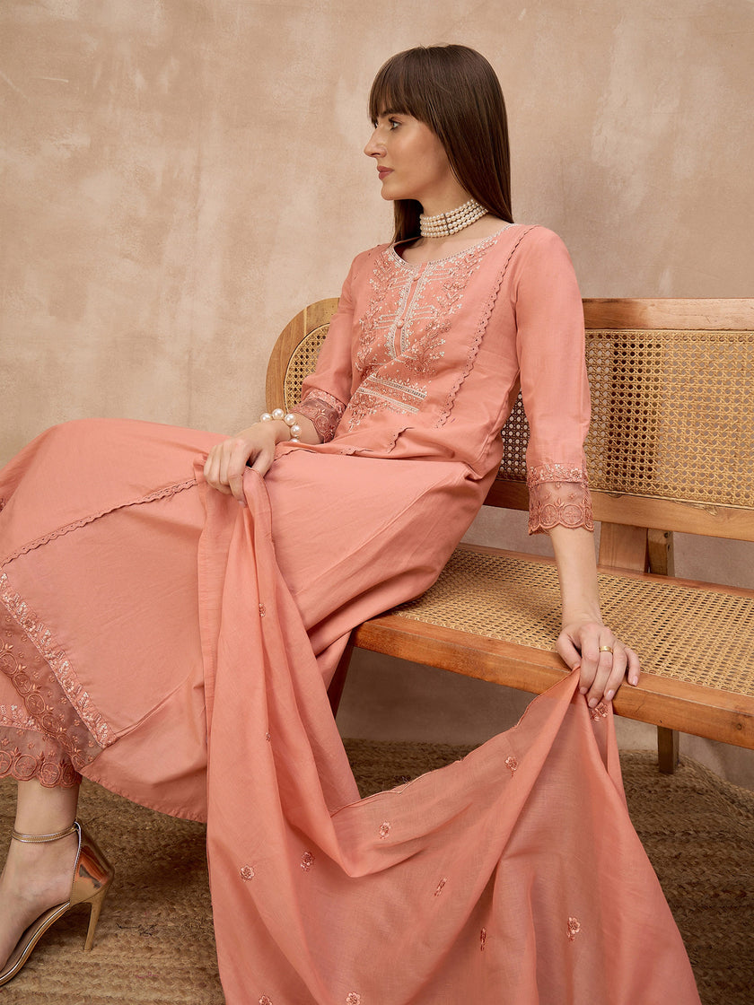 Peach Silk Blend Embroideried A-Line Kurta Trouser With Dupatta