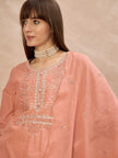 Peach Silk Blend Embroideried A-Line Kurta Trouser With Dupatta