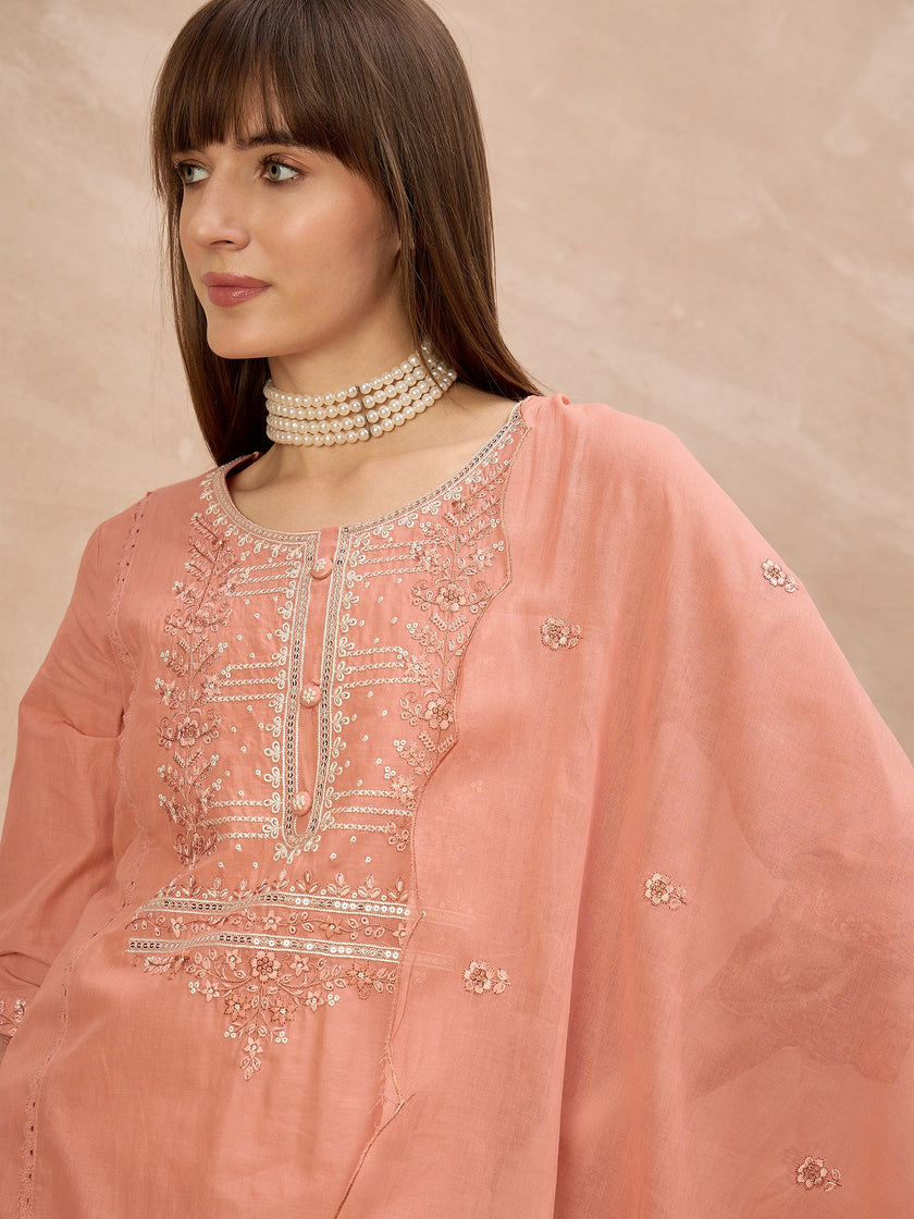 Peach Silk Blend Embroideried A-Line Kurta Trouser With Dupatta