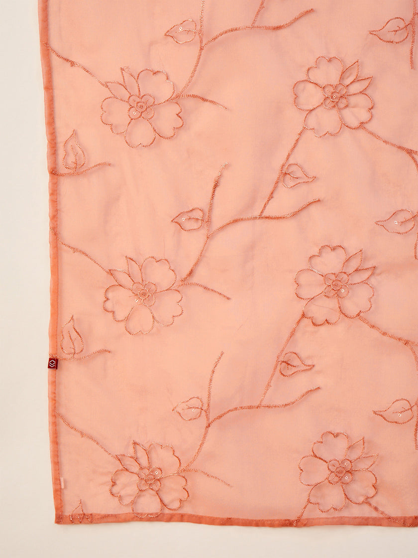 Peach Silk Blend Embroideried A-Line Kurta Trouser With Dupatta