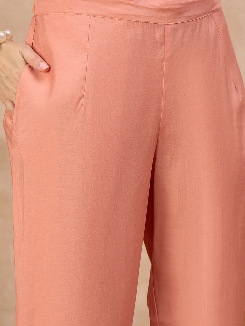 Peach Silk Blend Embroideried A-Line Kurta Trouser With Dupatta