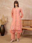 Peach Silk Blend Embroideried A-Line Kurta Trouser With Dupatta