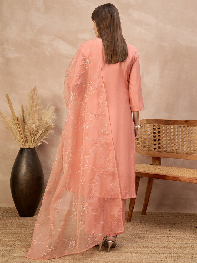 Peach Silk Blend Embroideried A-Line Kurta Trouser With Dupatta