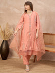 Peach Silk Blend Embroideried A-Line Kurta Trouser With Dupatta