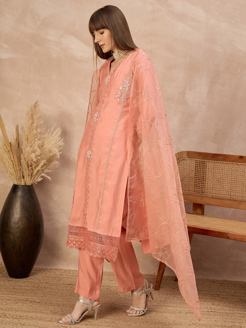 Peach Silk Blend Embroideried A-Line Kurta Trouser With Dupatta