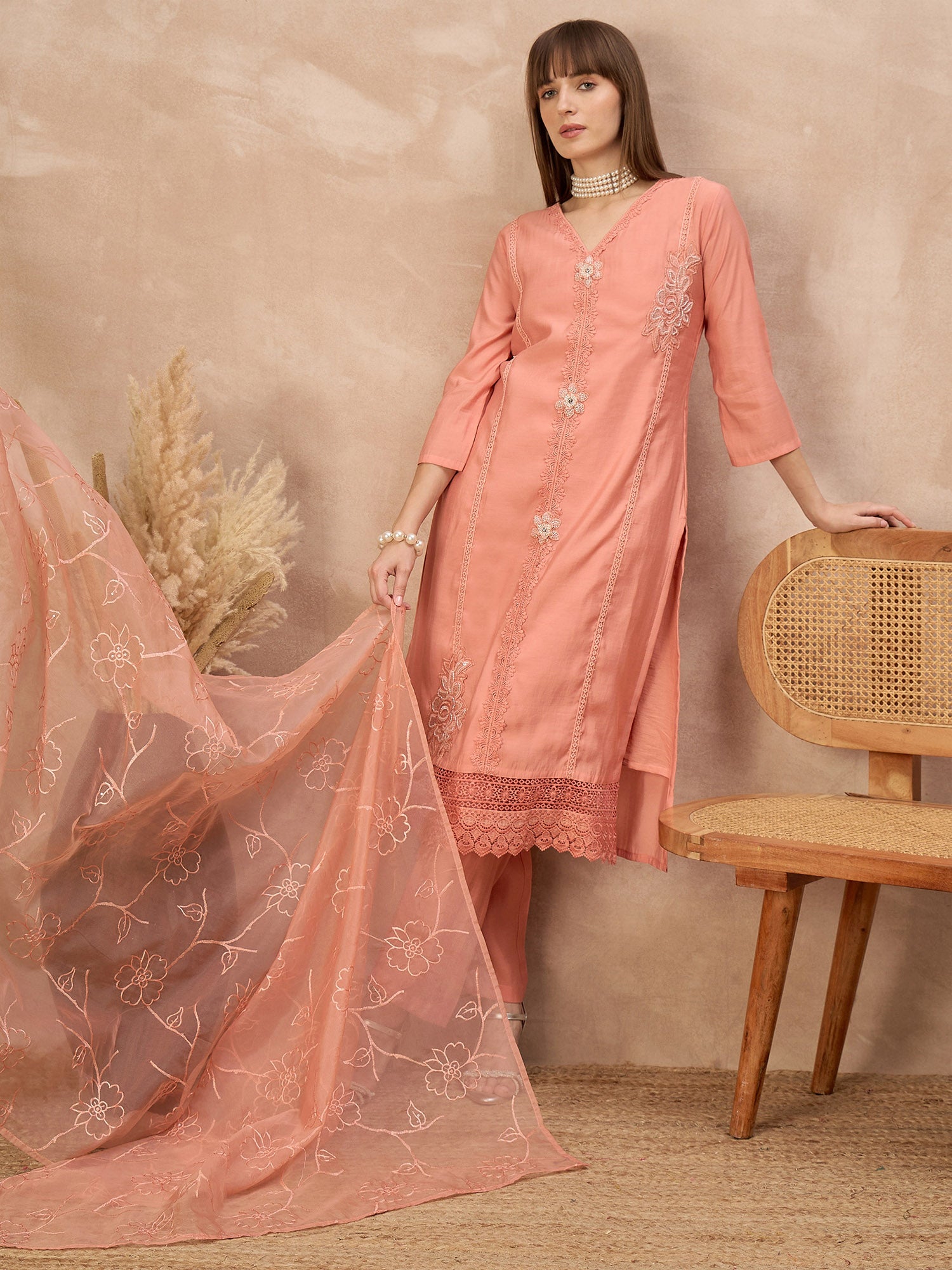 Peach Silk Blend Embroideried A-Line Kurta Trouser With Dupatta