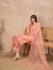 Peach Silk Blend Embroideried A-Line Kurta Trouser With Dupatta