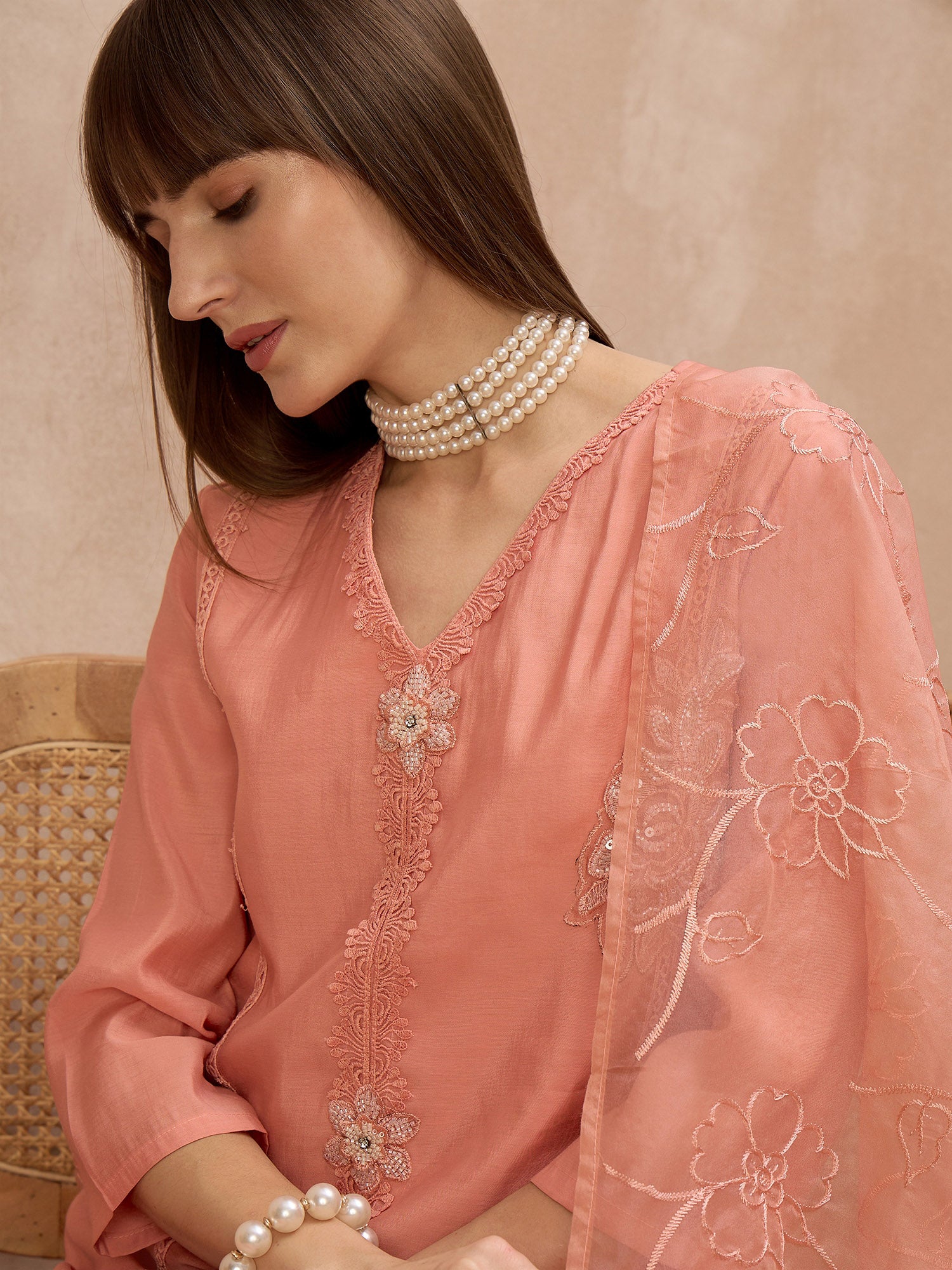 Peach Silk Blend Embroideried A-Line Kurta Trouser With Dupatta