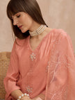 Peach Silk Blend Embroideried A-Line Kurta Trouser With Dupatta