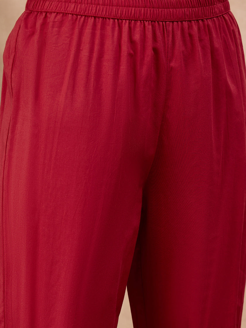 Red Pure Cotton Embroidered Pleated A-Line Kurta Trouser With Dupatta