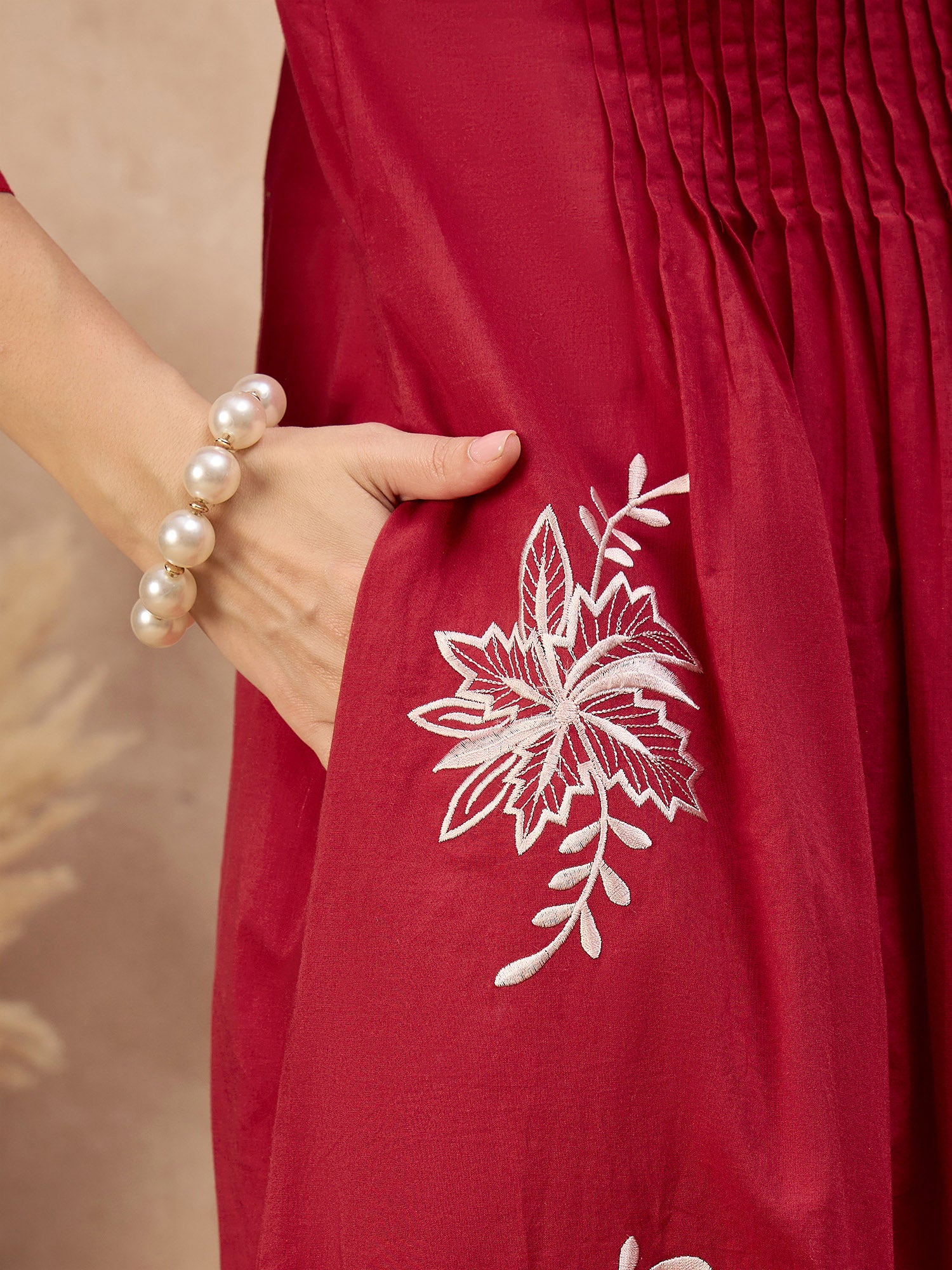 Red Pure Cotton Embroidered Pleated A-Line Kurta Trouser With Dupatta