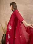 Red Pure Cotton Embroidered Pleated A-Line Kurta Trouser With Dupatta
