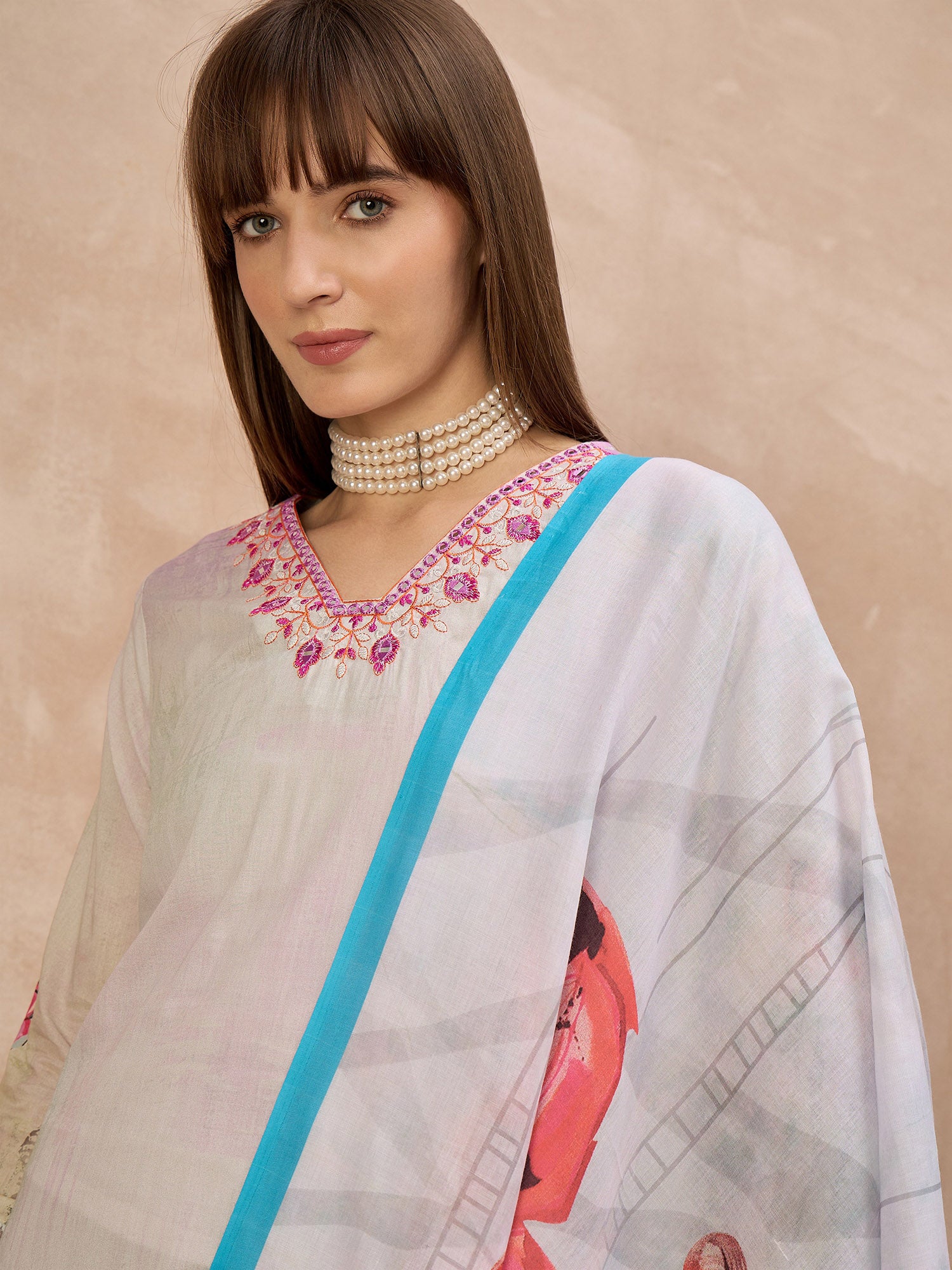 Multi Pure Cotton Digital Printed A-Line Kurta Trouser With Printed Dupatta