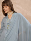Grey Pure Cotton Floral & Geometric Embroidered A-Line Kurta Trouser With Dupatta