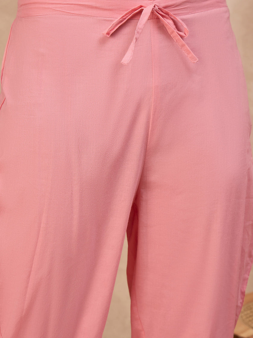 Pink Pure Cotton Floral Embroidered A-Line Kurta Trouser With Dupatta