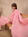 Pink Pure Cotton Floral Embroidered A-Line Kurta Trouser With Dupatta