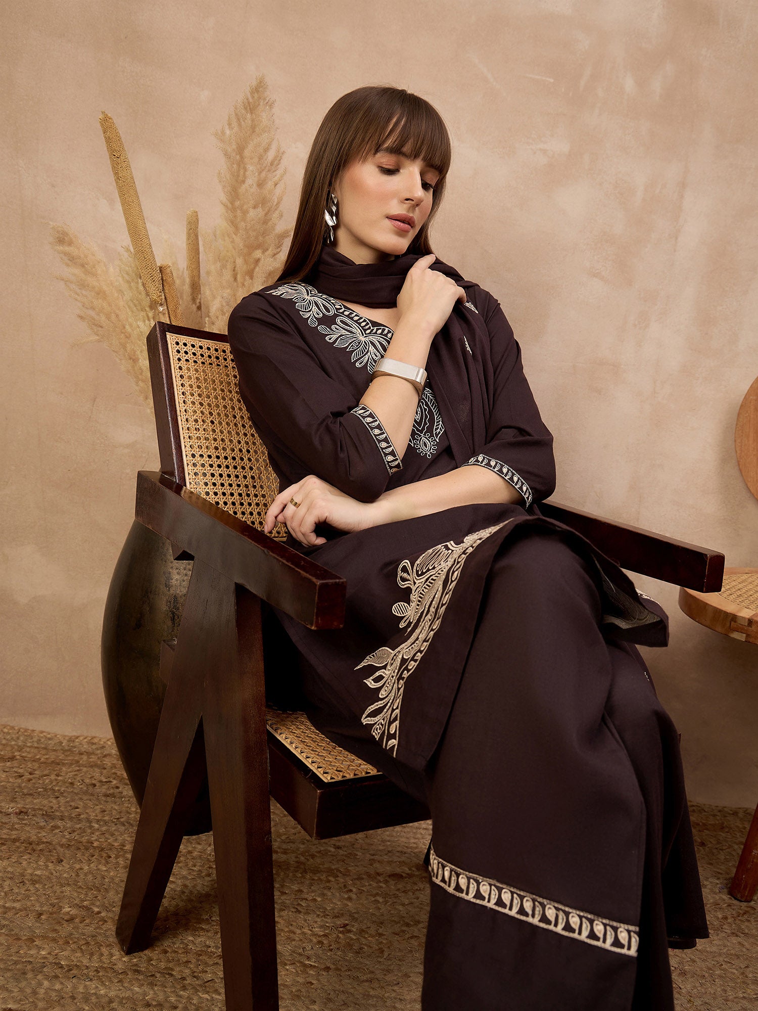 Brown Pure Cotton Embroidered A-Line Kurta Trouser With Embroidered Dupatta