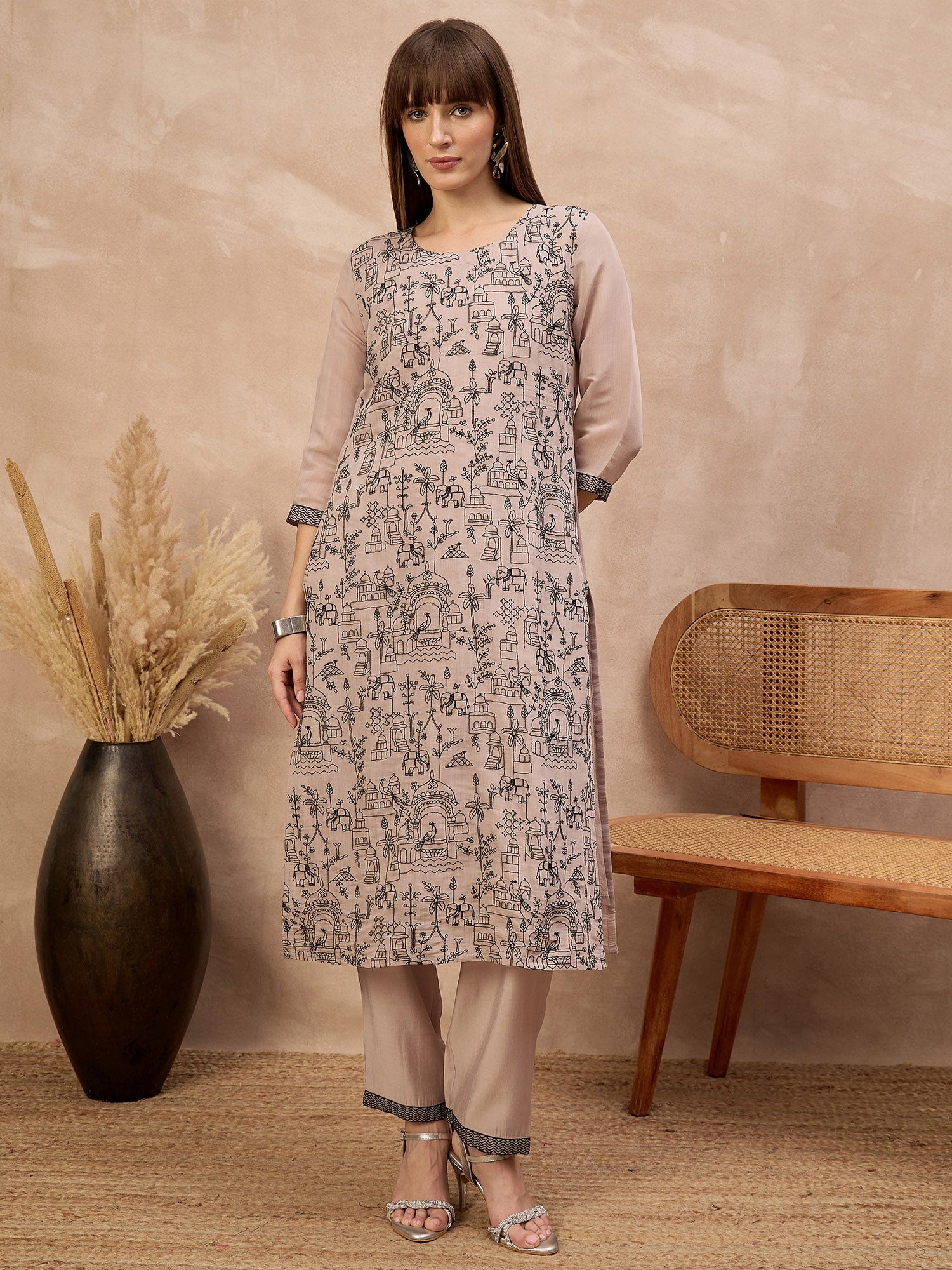 Grey Chanderi Cotton Embroideried A-Line Kurta Trouser With Dupatta