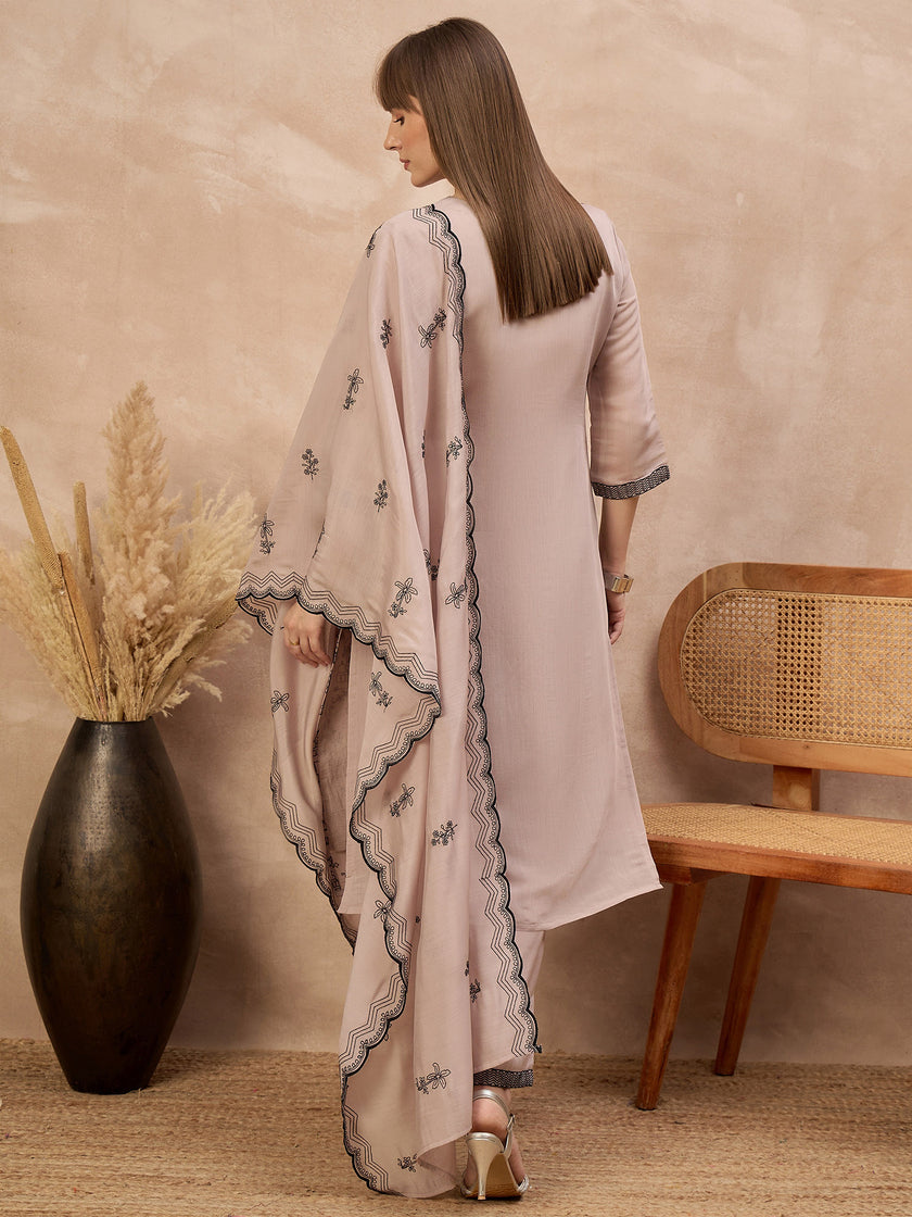 Grey Chanderi Cotton Embroideried A-Line Kurta Trouser With Dupatta