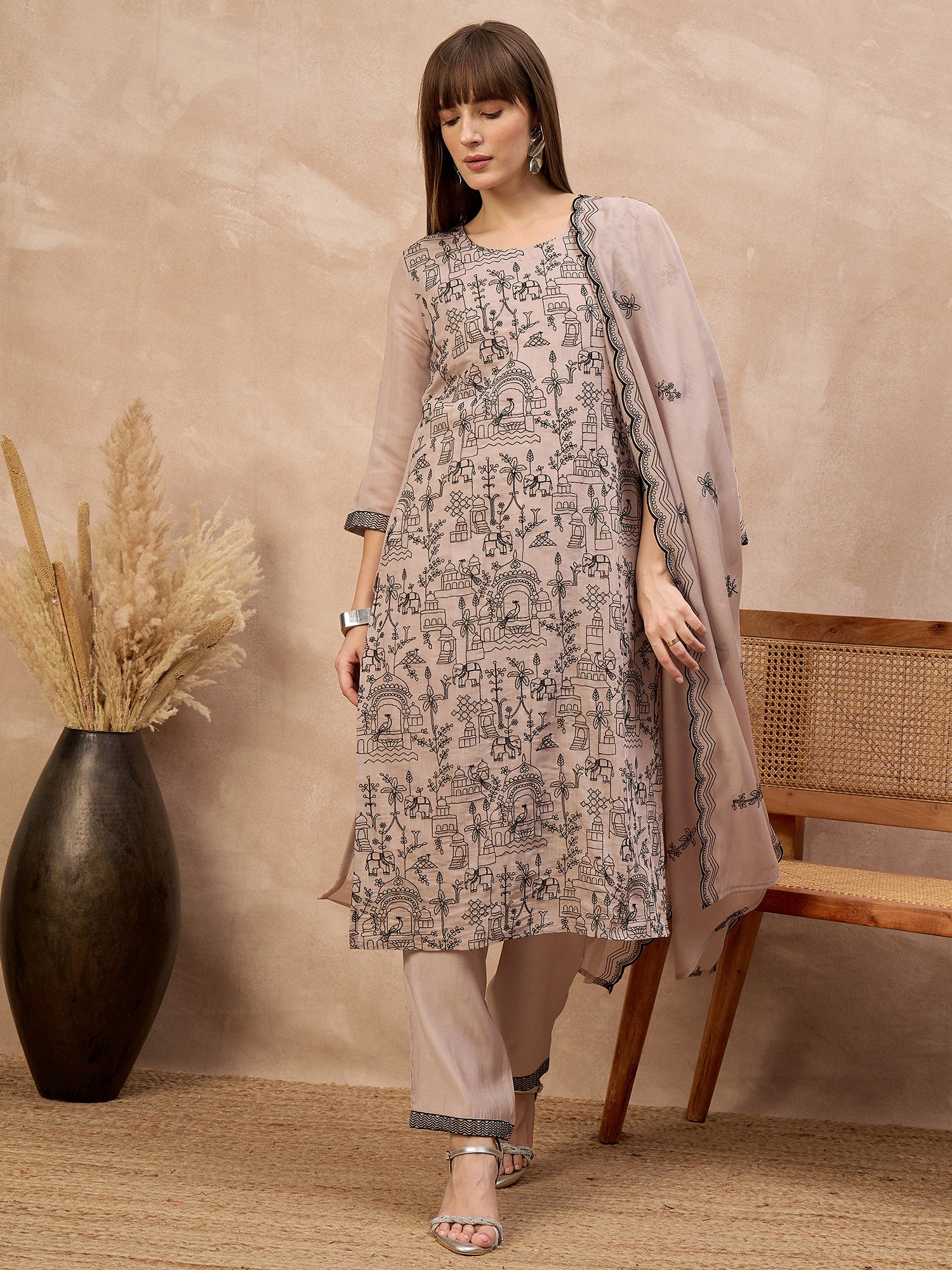 Grey Chanderi Cotton Embroideried A-Line Kurta Trouser With Dupatta