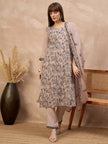 Grey Chanderi Cotton Embroideried A-Line Kurta Trouser With Dupatta