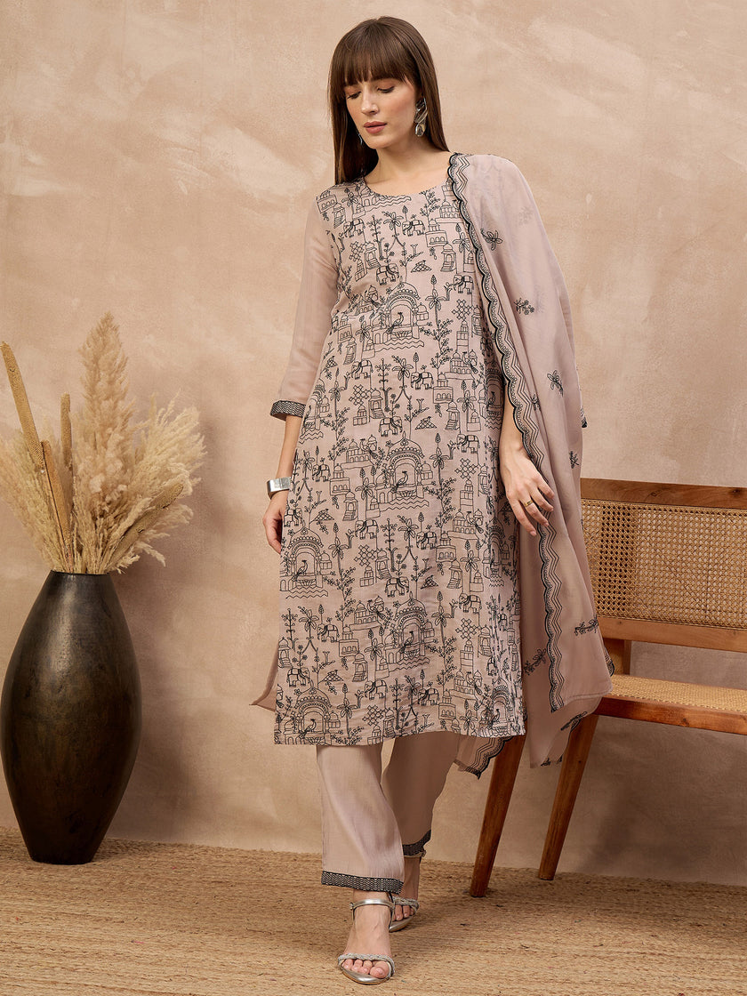 Grey Chanderi Cotton Embroideried A-Line Kurta Trouser With Dupatta